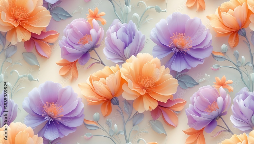 Obraz premium Illustration of a Pattern of Orange and Purple Flowers with Delicate Stems and Leaves