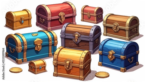 Illustration of a Set of Treasure Chests with Scattered Gems in a Game-Inspired Style