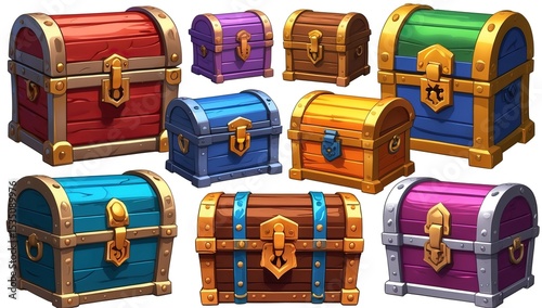 Illustration of a Set of Treasure Chests with Scattered Gems in a Game-Inspired Style