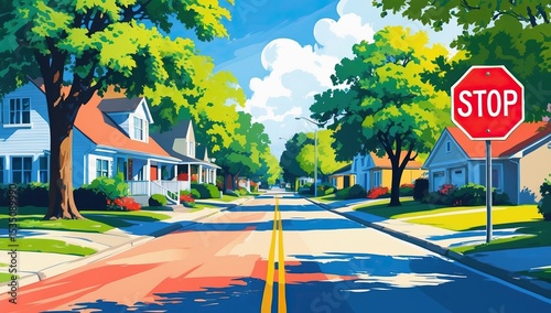 Illustration of a Suburban Street with Houses, Trees, and Two “STOP” Signs