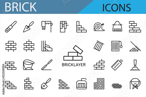 Vector icons of brick walls, builders, and construction tools ideal for use in architectural and building designs