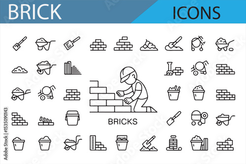 Set of brick icons featuring brick walls, construction tools, and materials for home building and construction projects
