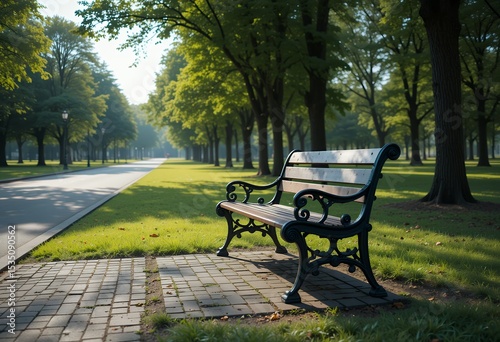 serene park bench surrounded by lush green trees under soft sunlight in peaceful outdoor setting