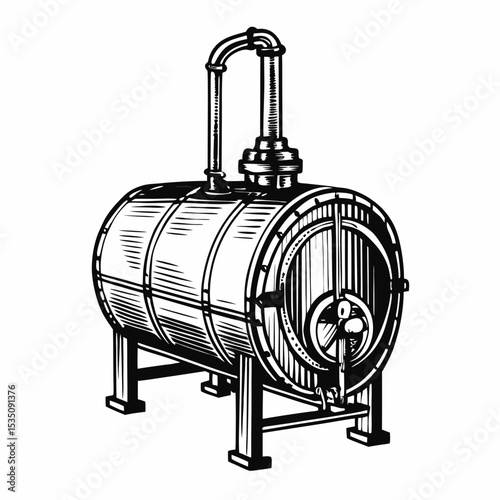 Brewery boiler for wort production.  Brewing equipment illustration shows cylindrical boiler with pipes and impeller.