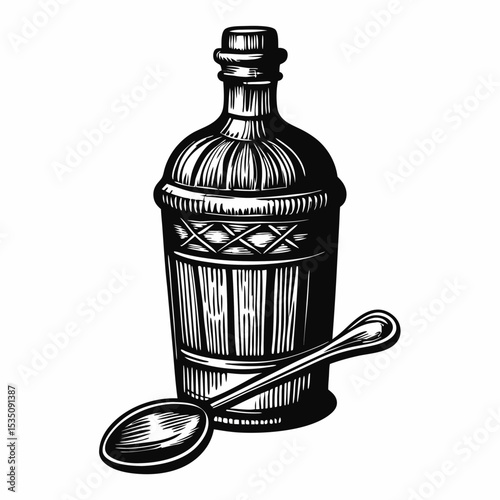 Vintage absinthe bottle with spoon illustration. Detailed drawing of an antique absinthe bottle and ornate spoon.  Elegant design perfect for premium alcohol labels, vintage bar menus,