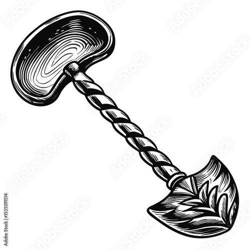 Ornate bar spoon with twisted handle and decorative bowl.  Elegant cocktail spoon design with detailed carving, perfect for vintage barware.