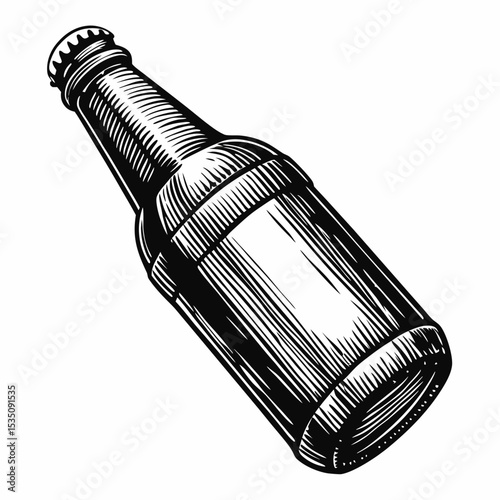 Beer bottle with cap illustration. Detailed drawing of beer bottle and cap, perfect for brewery labels and vintage designs. This image is ideal for premium alcohol vintage set.