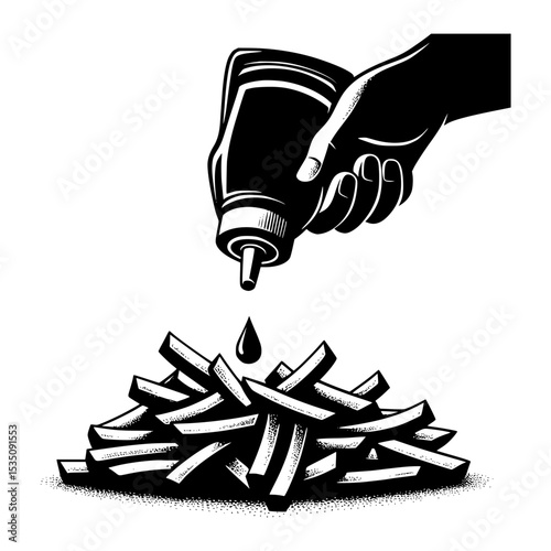 Hand pouring sauce on french fries illustration