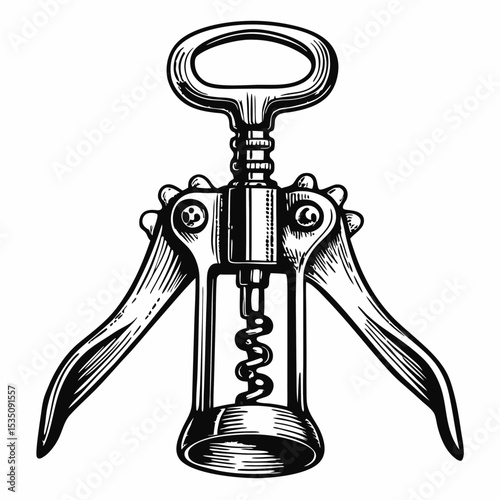 Vintage bottle opener with metal lever and spiral. Detailed illustration of antique corkscrew for wine bottles.