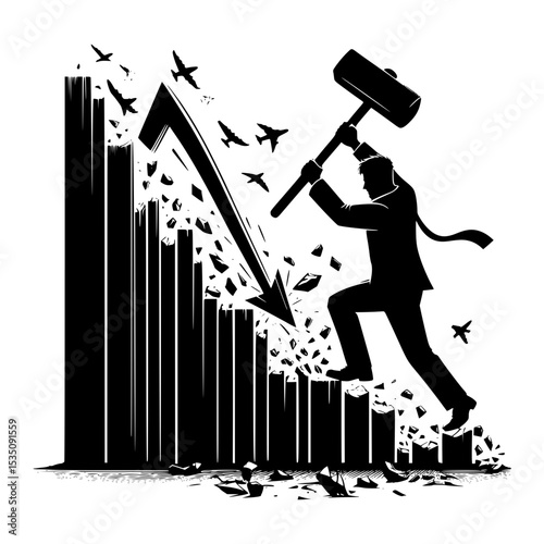 Businessman destroying graph with hammer market crash