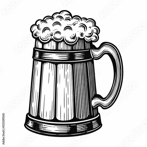 Beer mug with foam head illustration.  Detailed beer mug drawing shows frothy head and wooden tankard.  Vintage beer mug design perfect for brewery label, bar menu, or pub sign.