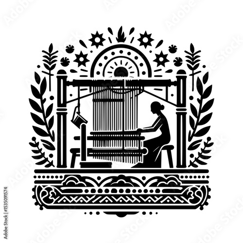 Woman weaving at a loom folk art illustration