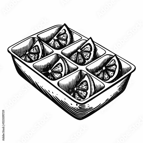 Fruit garnish tray with sliced oranges and lemons. Elegant citrus garnish tray for cocktails and drinks.  Premium alcohol vintage set design.  Garnish tray concept for upscale bar menu,