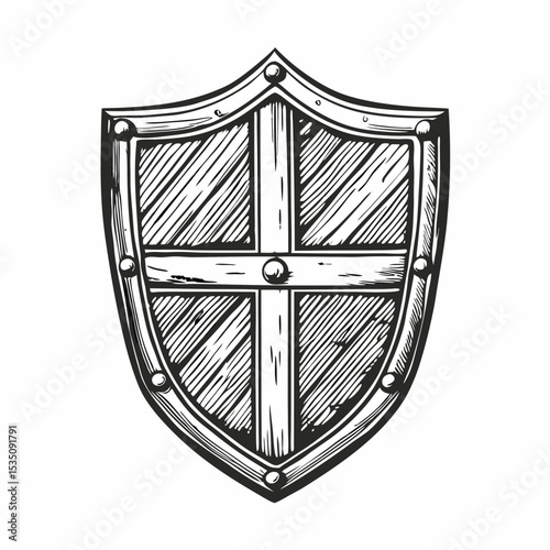 Wooden heraldic shield with metal frame and cross design.  Detailed shield illustration shows wooden planks and metal rivets.
