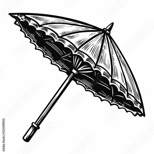 Elegant cocktail umbrella design. Ornate miniature umbrella illustration with detailed handle and lace trim.  Perfect image for premium alcohol vintage set design.
