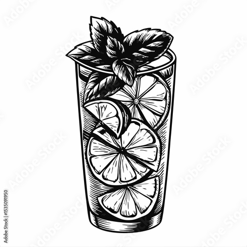Refreshing mojito in tall glass with lime and mint garnish. Classic mojito cocktail recipe illustrated with fresh ingredients: juicy lime wedges and aromatic mint leaves.