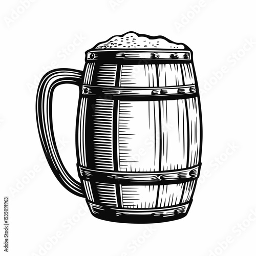 Vintage wooden beer mug with frothy beer. Stylish copper mug design for premium alcohol brands. This classic wooden beer mug illustration is perfect for vintage alcohol labels and bar menus.