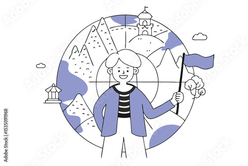 Happy grandmother traveling the world a vector illustration of a senior citizen on an adventure