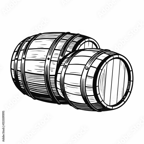 Old wooden whiskey barrels, vintage oak casks for bourbon or scotch, aged in distillery.  Detailed drawing of two barrels shows wood grain and metal bands.