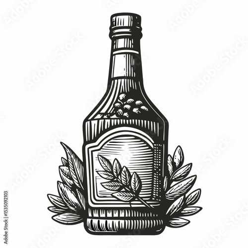 Vintage vermouth bottle with herbs and blank label. Elegant vermouth bottle illustration perfect for liquor store advertising. This premium alcohol design is ideal for vintage-style branding,