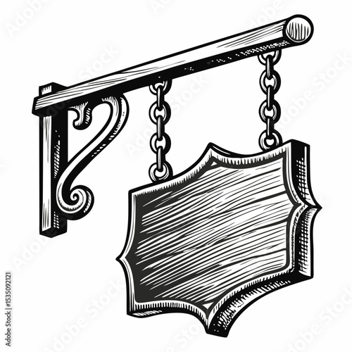 Vintage bar sign hanging on chains with ornate bracket.  Old pub sign with blank wooden board perfect for text and logo.  This detailed illustration is ideal for vintage bar designs,
