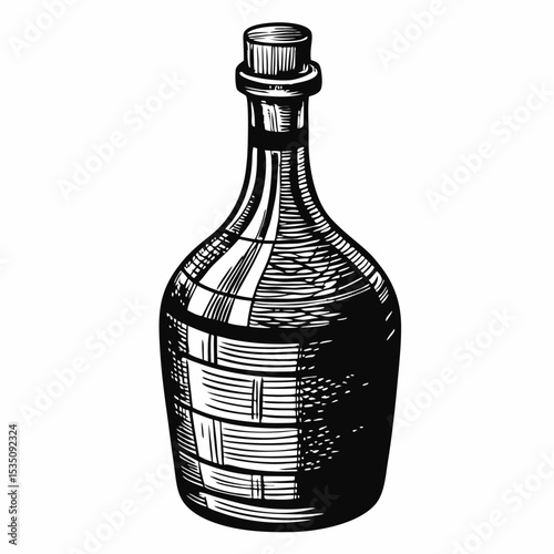 Vintage wine bottle with cork stopper. Detailed illustration of old wine bottle, perfect for alcohol labels and packaging design. This elegant image is ideal for premium alcohol vintage set.