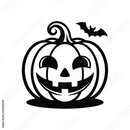 Pumpkin jackolantern with a bat, perfect for Halloween decorations, invitations, and seasonal designs for a spooky yet charming touch.