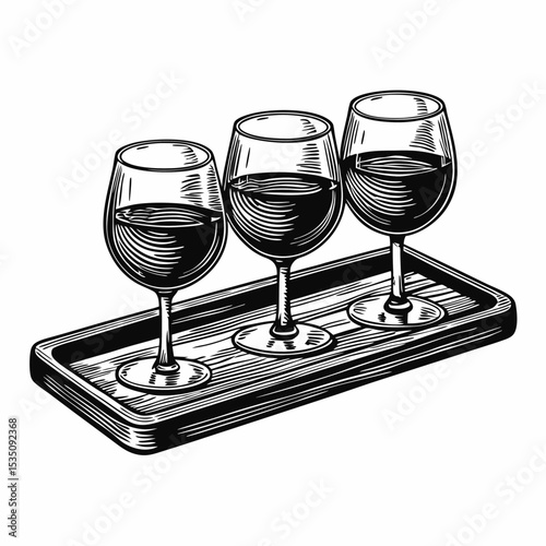 Wine tasting flight on wooden tray. Three glasses of red wine for tasting session. Premium alcohol vintage set perfect for wine list design, restaurant menu, or winery branding.