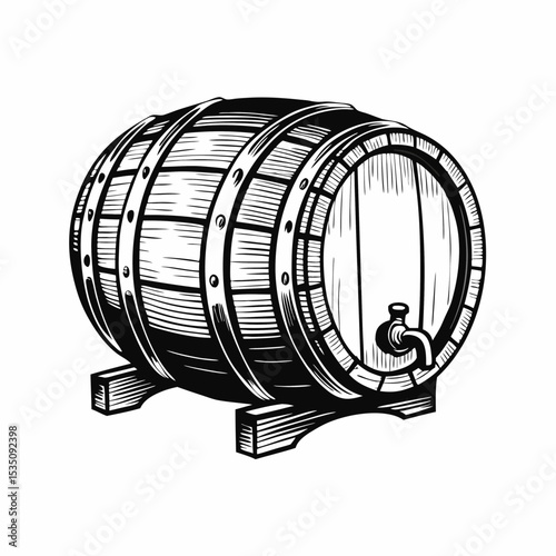 Wooden beer keg illustration, vintage style drawing of oak barrel with metal hoops and tap.  Detailed wooden beer keg image perfect for brewery labels, pub menu design,