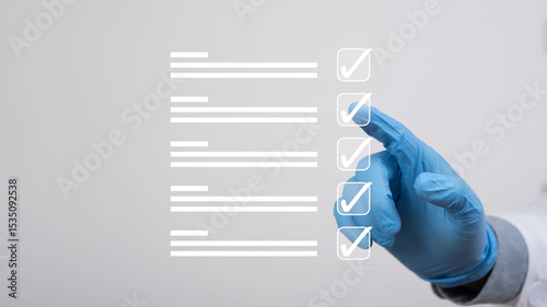 A gloved hand points at a digital checklist, indicating tasks or items that have been completed, set against a light background.