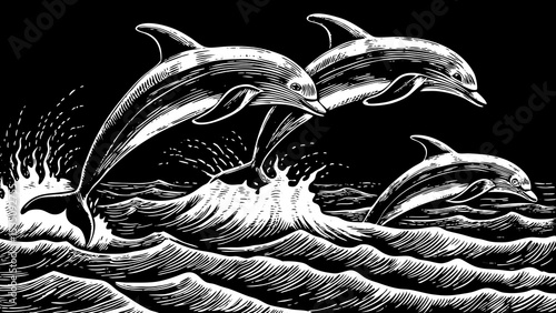 group of dolphins jumping joyfully over ocean waves black and white sketch vector