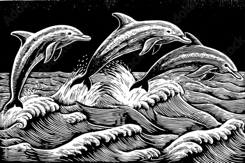 group of dolphins jumping joyfully over ocean waves black and white sketch vector