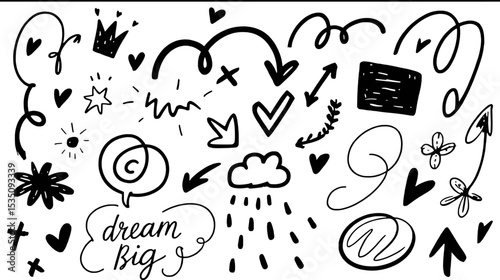 Black and White Hand Drawn Doodle Set Arrows Hearts Crown Dream Big
