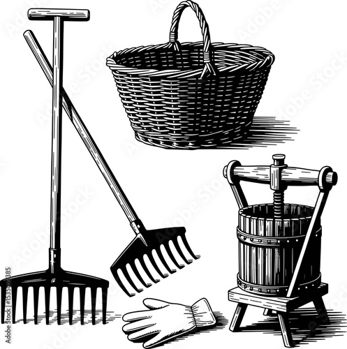 Black and White Illustration Garden Tools Wicker Basket Wine Press Glove