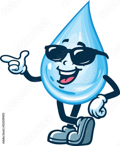 Cartoon water drop character wearing sunglasses