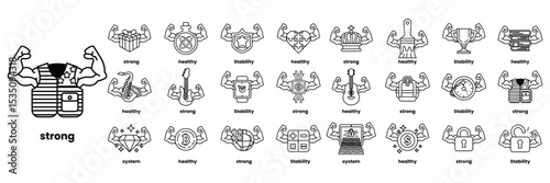 A collection of fitness-related icons, including a man with a muscle shirt