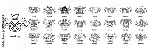 A set of fitness icons, including a muscle man, a house, a car, and a wallet