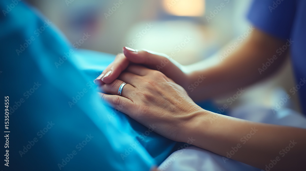 Obraz premium Nurse Comforting Patient by Holding Hands in Hospital Setting