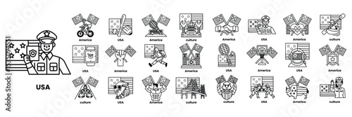 Set of illustrations in the concept of American flags and things in line art style
