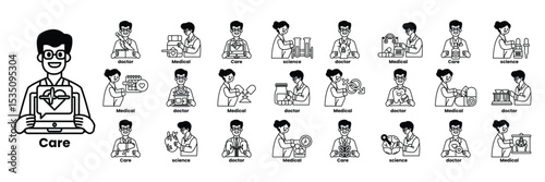 Set of illustrations in the concept of Doctors and things in line art style