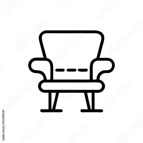 Simple outline depiction of an armchair with curved arms and a cushioned seat design element here