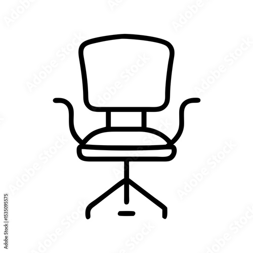 Outline drawing of a swivel chair with armrests and a three legged base design showing front view