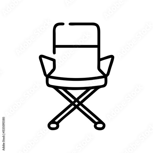 Simple line drawing of a folding chair with armrests and cross legged base design element here