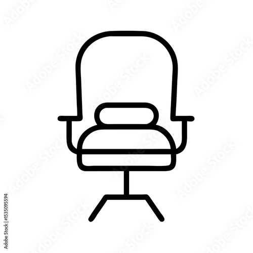 A simple line drawing of a swivel chair with armrests and a cushioned back on a white background