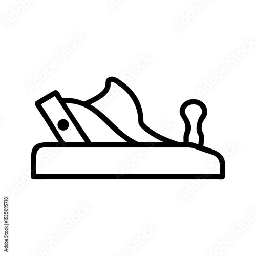 A woodworking hand plane tool with blade and handle for shaping wood is depicted in a simple graphic