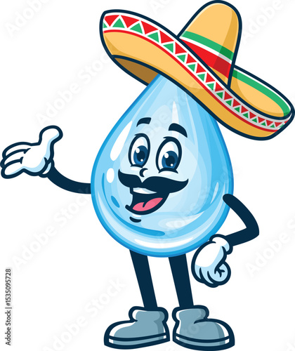 Cartoon water drop character wearing a sombrero