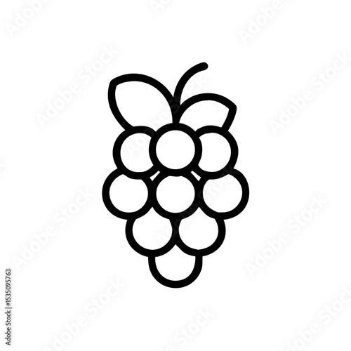 Simple graphic depiction of a cluster of grapes with leaves against a white background viewable here