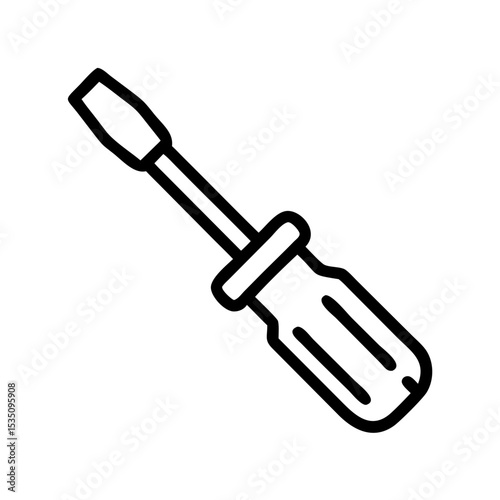 A simple depiction of a hand tool with a handle and a shaft used for turning screws and bolts shown in outline