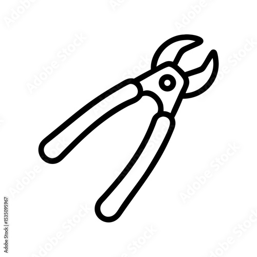 Depiction of a pair of nippers with rounded handles and jaws, outlined in black on a white background