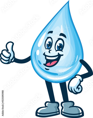 Cartoon water drop character with thumbs up pose